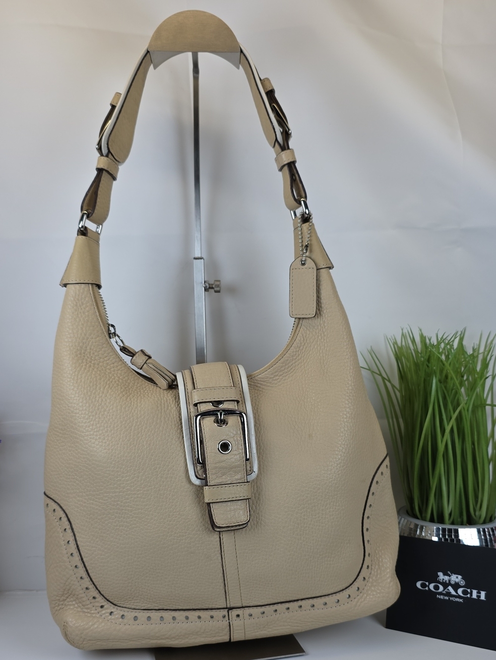Coach Hampton Cream Beige Pebbled Leather Shoulder Hobo with Buckle Detail